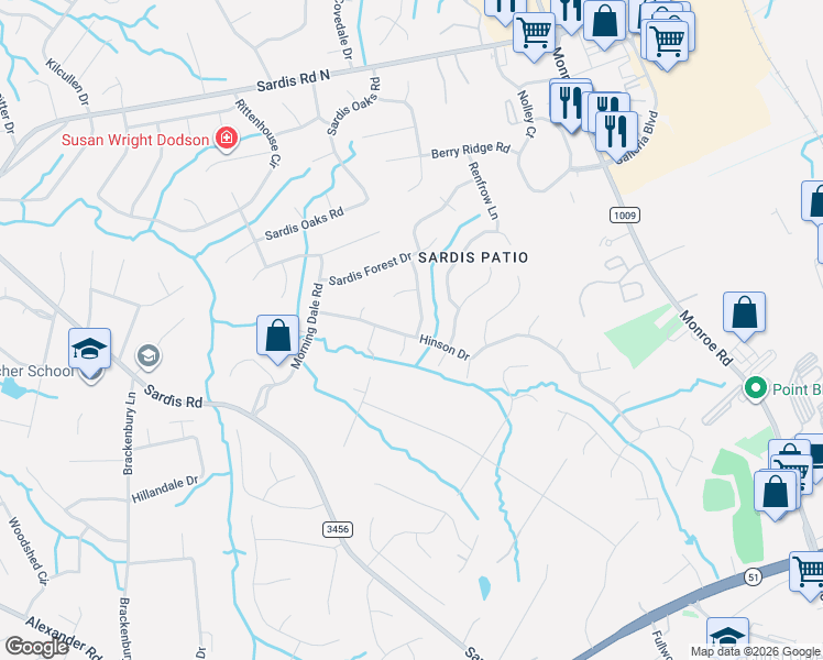 map of restaurants, bars, coffee shops, grocery stores, and more near 9212 Thorpe Court in Charlotte