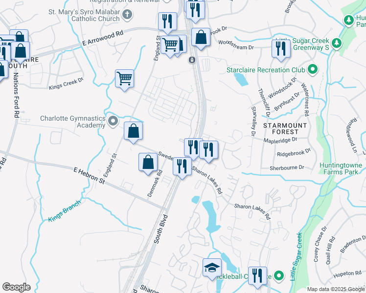 map of restaurants, bars, coffee shops, grocery stores, and more near 7600 South Blvd in Charlotte