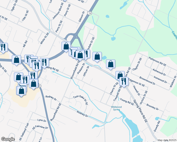 map of restaurants, bars, coffee shops, grocery stores, and more near 2110 Spring Place Road Southeast in Cleveland