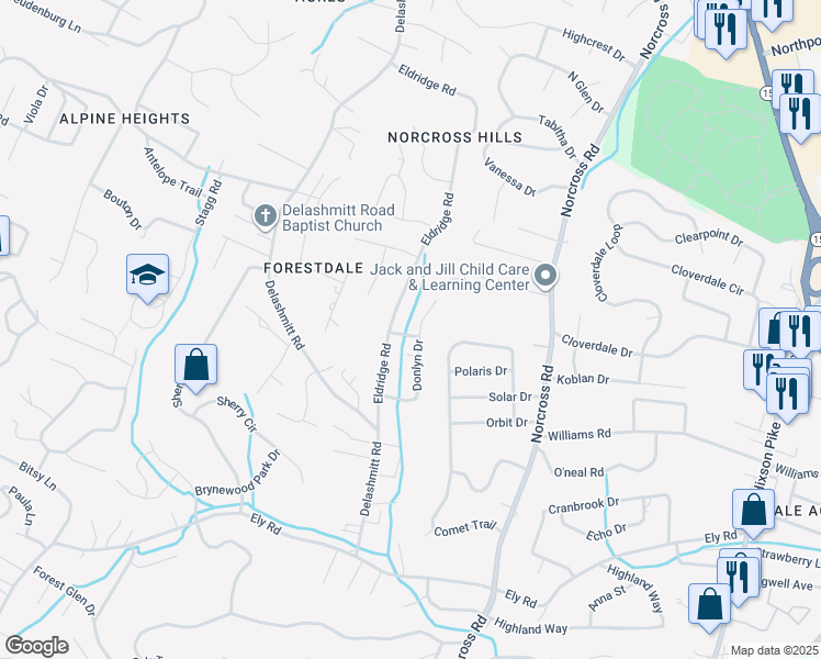 map of restaurants, bars, coffee shops, grocery stores, and more near 4706 Eldridge Road in Chattanooga