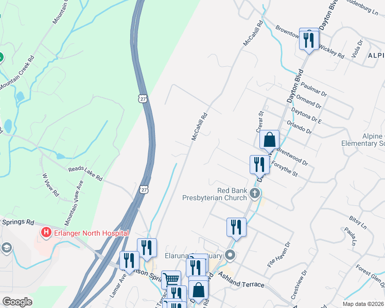 map of restaurants, bars, coffee shops, grocery stores, and more near 4416 McCahill Road in Chattanooga