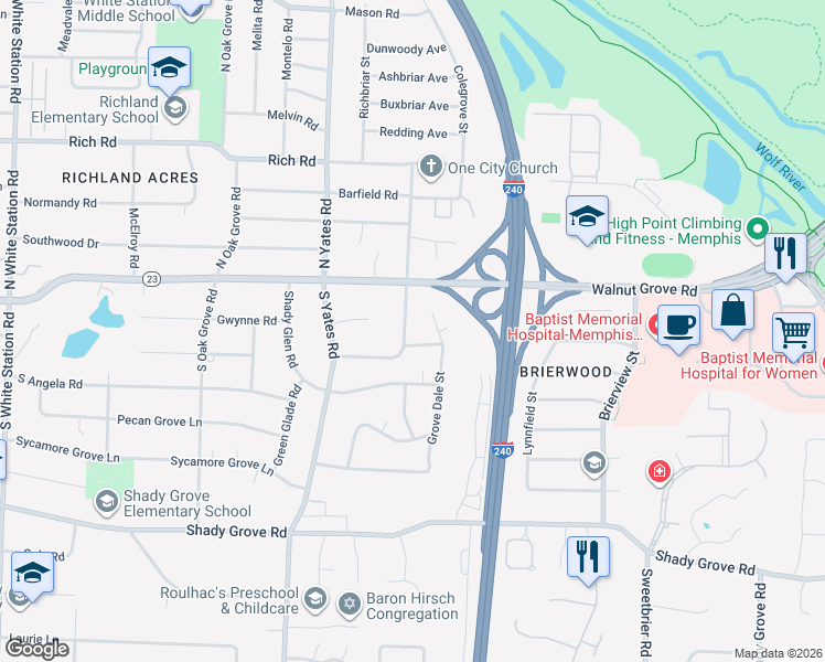 map of restaurants, bars, coffee shops, grocery stores, and more near 47 Grove Dale Street in Memphis