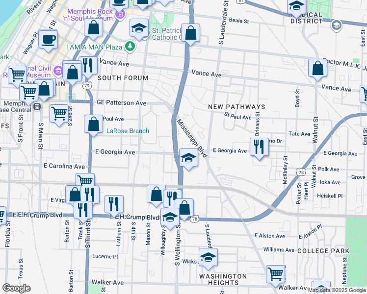 map of restaurants, bars, coffee shops, grocery stores, and more near 613 Mississippi Boulevard in Memphis