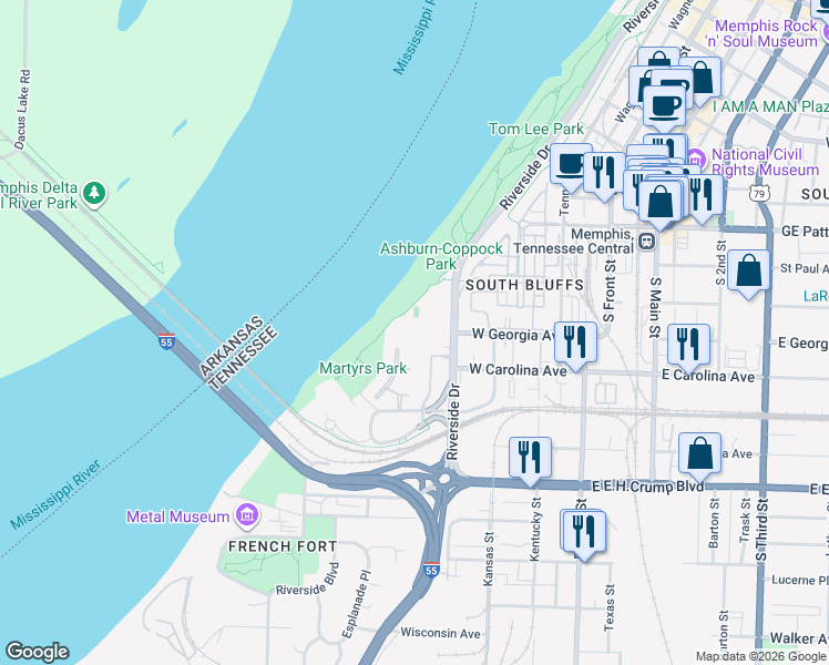 map of restaurants, bars, coffee shops, grocery stores, and more near 57 Founders Lane in Memphis