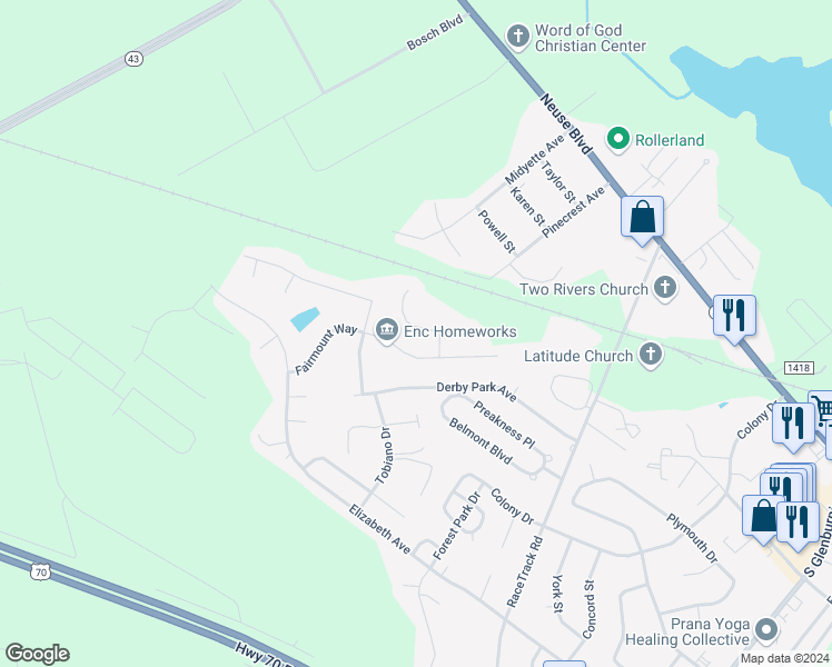 map of restaurants, bars, coffee shops, grocery stores, and more near 207 Church Hill Court in New Bern