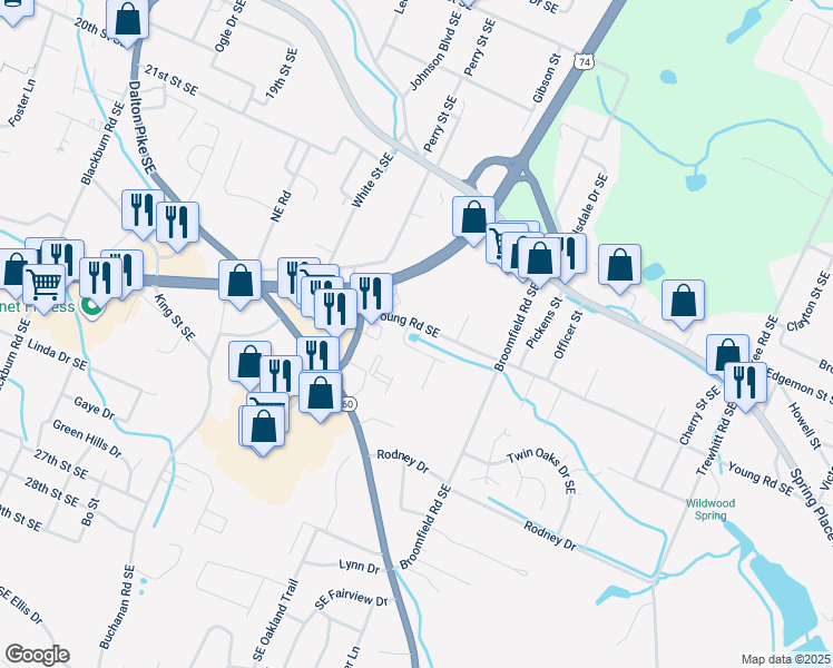 map of restaurants, bars, coffee shops, grocery stores, and more near 1808 Young Road Southeast in Cleveland