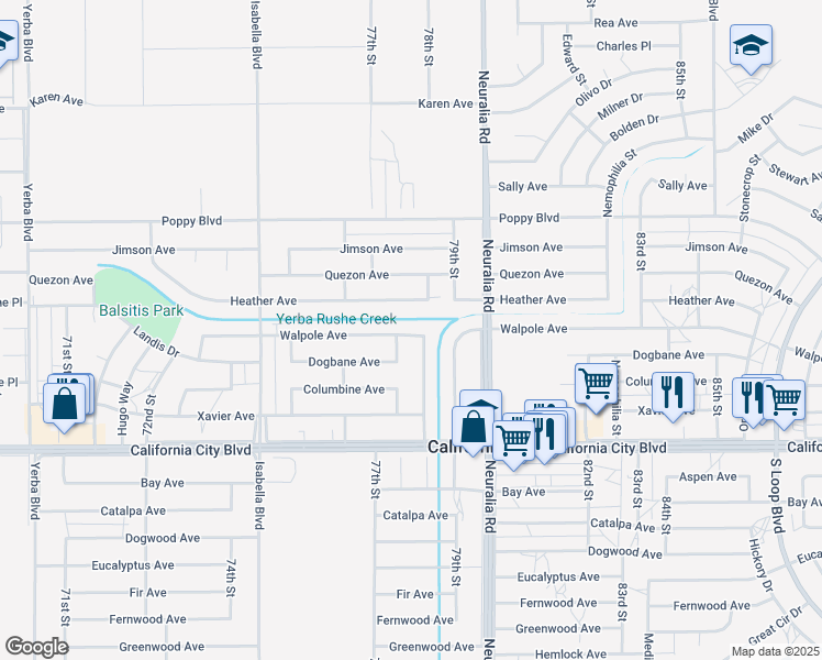 map of restaurants, bars, coffee shops, grocery stores, and more near 7819 Walpole Avenue in California City