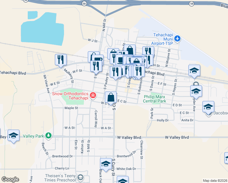 map of restaurants, bars, coffee shops, grocery stores, and more near in Tehachapi