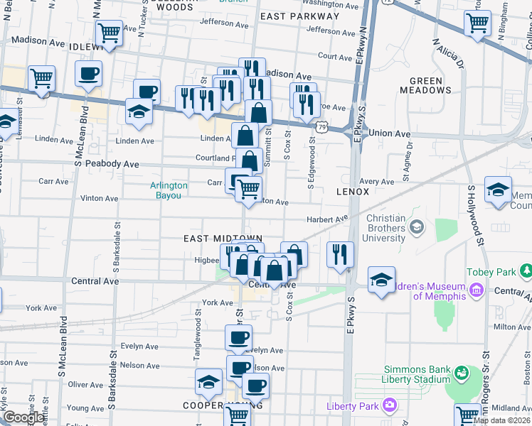 map of restaurants, bars, coffee shops, grocery stores, and more near 2169 Vinton Avenue in Memphis