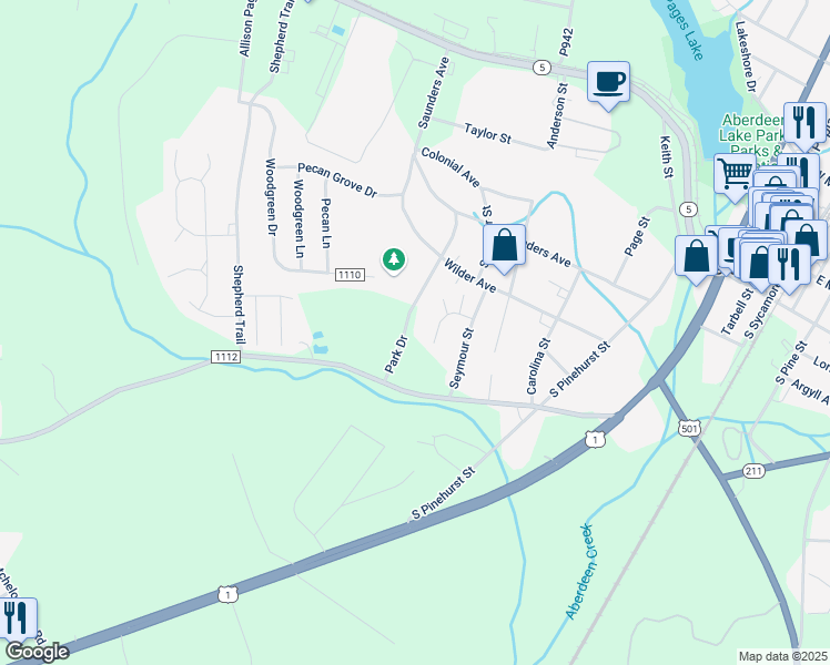 map of restaurants, bars, coffee shops, grocery stores, and more near 515 Park Drive in Aberdeen