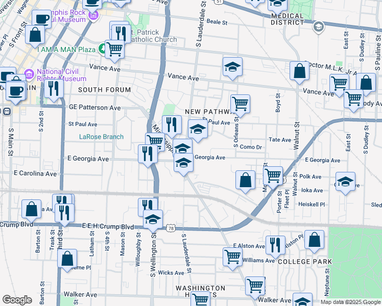 map of restaurants, bars, coffee shops, grocery stores, and more near 620 South Lauderdale Street in Memphis