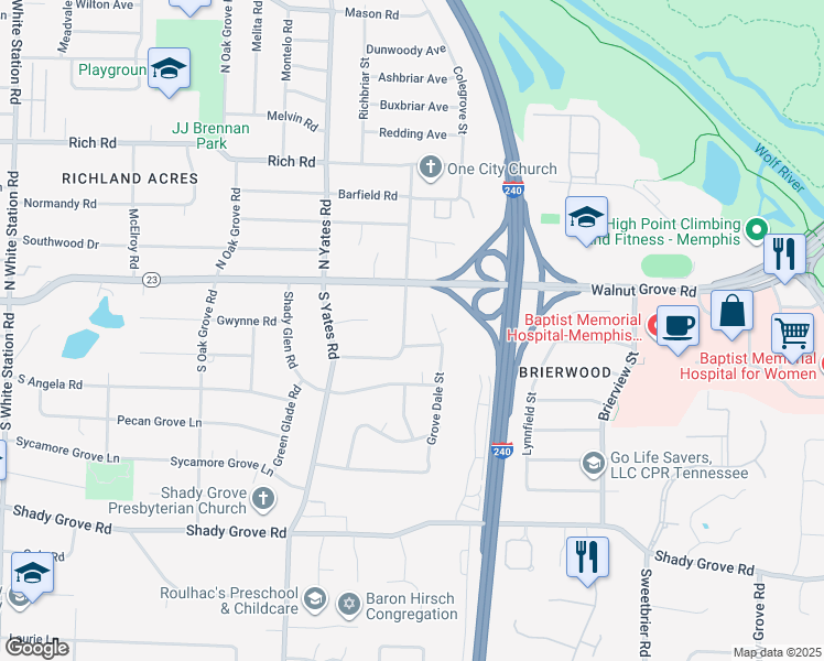 map of restaurants, bars, coffee shops, grocery stores, and more near 47 Grove Dale Street in Memphis