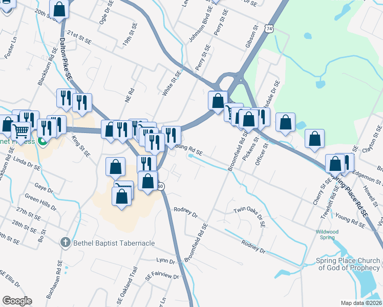 map of restaurants, bars, coffee shops, grocery stores, and more near 1808 Young Road Southeast in Cleveland