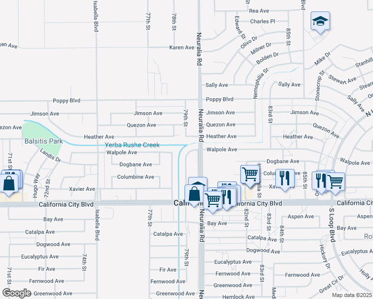 map of restaurants, bars, coffee shops, grocery stores, and more near 21235 79th Street in California City