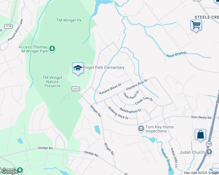 map of restaurants, bars, coffee shops, grocery stores, and more near 606 English Oak Lane in Charlotte