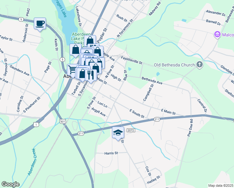 map of restaurants, bars, coffee shops, grocery stores, and more near 406 East Main Street in Aberdeen
