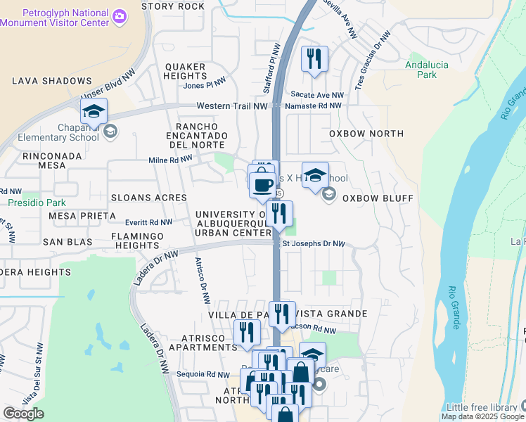 map of restaurants, bars, coffee shops, grocery stores, and more near 4101 Coors Boulevard Northwest in Albuquerque