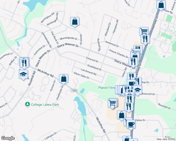 map of restaurants, bars, coffee shops, grocery stores, and more near 324 Larchmont Road in Fayetteville