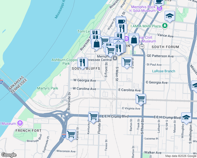 map of restaurants, bars, coffee shops, grocery stores, and more near 629 South Front Street in Memphis
