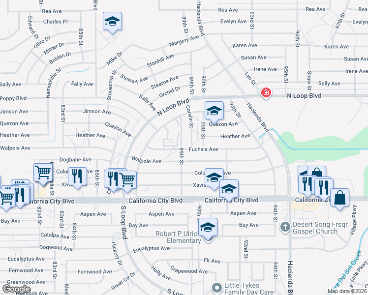 map of restaurants, bars, coffee shops, grocery stores, and more near 21230 89th Street in California City