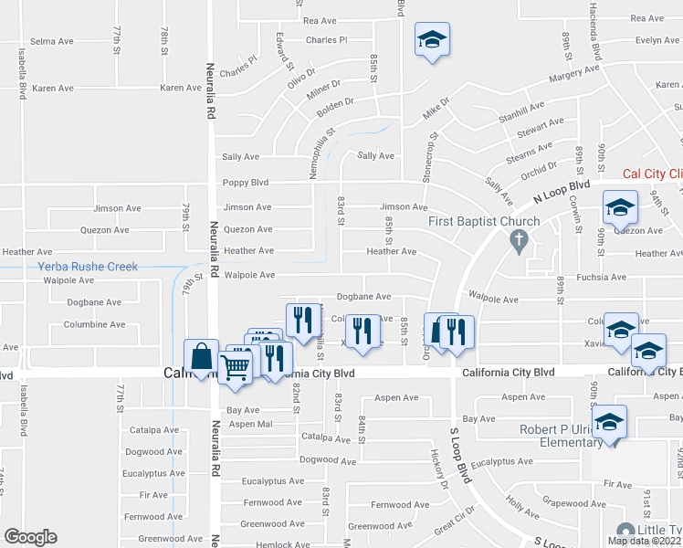 map of restaurants, bars, coffee shops, grocery stores, and more near 8300 Walpole Avenue in California City