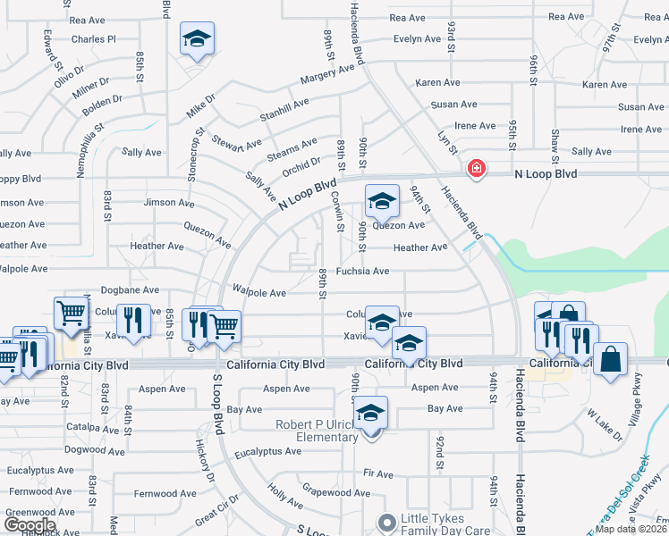 map of restaurants, bars, coffee shops, grocery stores, and more near 21247 Corwin Street in California City