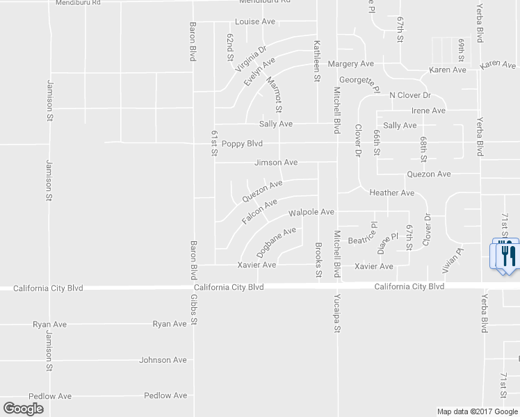 map of restaurants, bars, coffee shops, grocery stores, and more near Falcon Avenue in California City