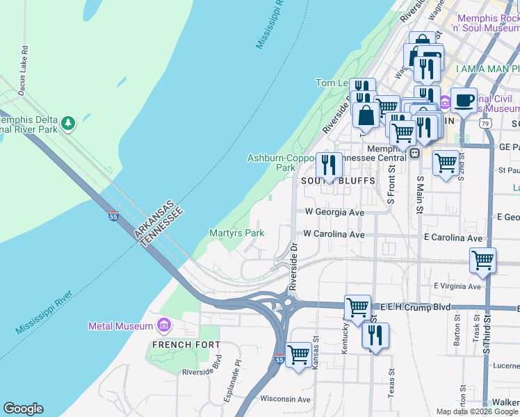 map of restaurants, bars, coffee shops, grocery stores, and more near 57 Founders Lane in Memphis