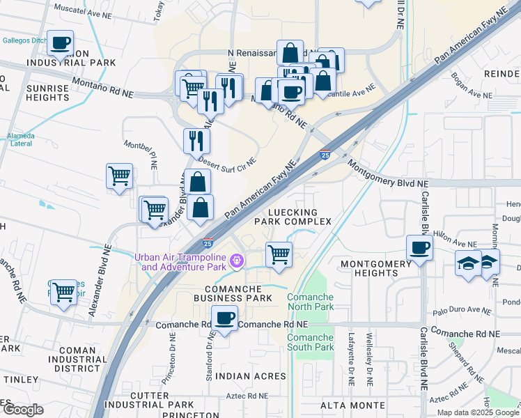 map of restaurants, bars, coffee shops, grocery stores, and more near 4300 Pan American Freeway Northeast in Albuquerque