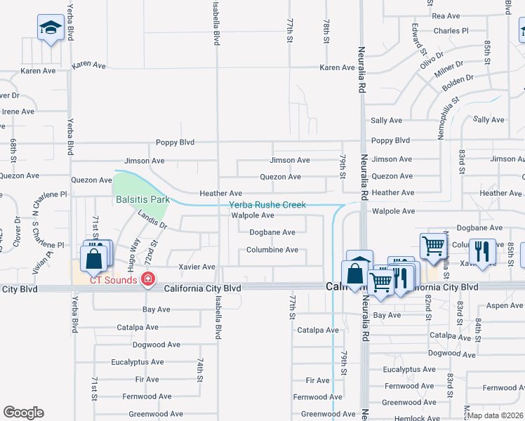 map of restaurants, bars, coffee shops, grocery stores, and more near 7657 Walpole Avenue in California City