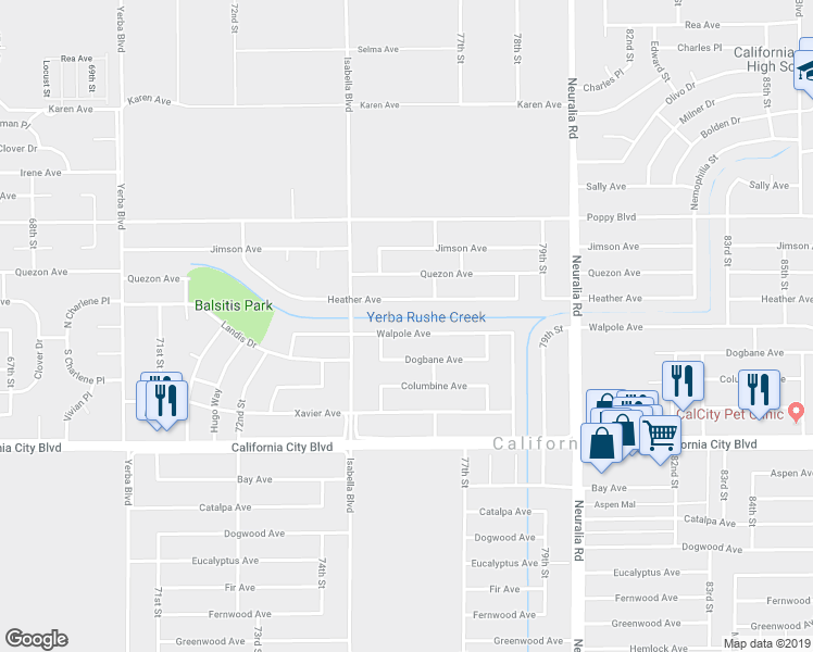 map of restaurants, bars, coffee shops, grocery stores, and more near 7617 Walpole Avenue in California City