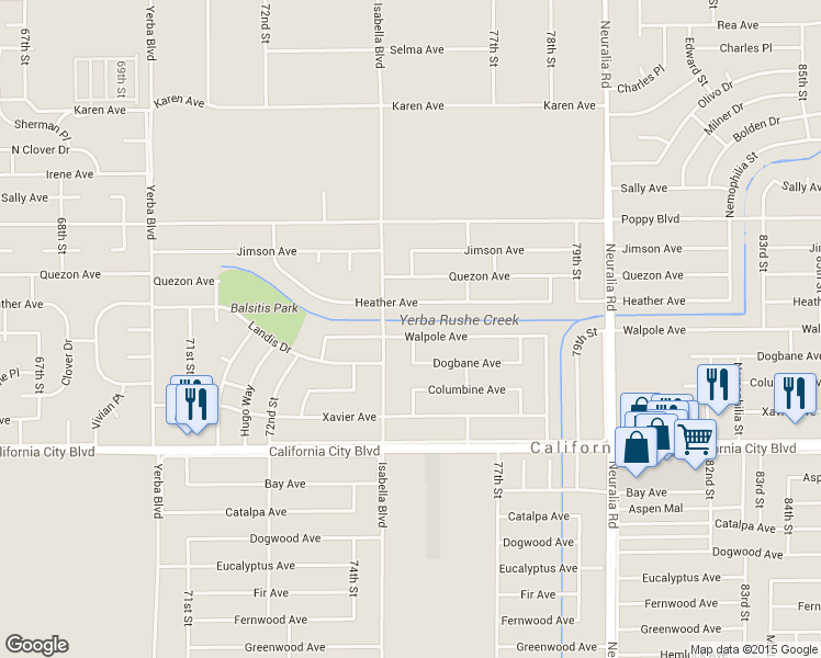 map of restaurants, bars, coffee shops, grocery stores, and more near 7617 Walpole Avenue in California City