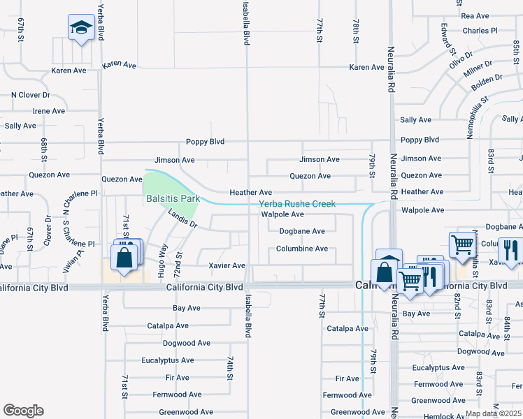 map of restaurants, bars, coffee shops, grocery stores, and more near 7501 Walpole Avenue in California City