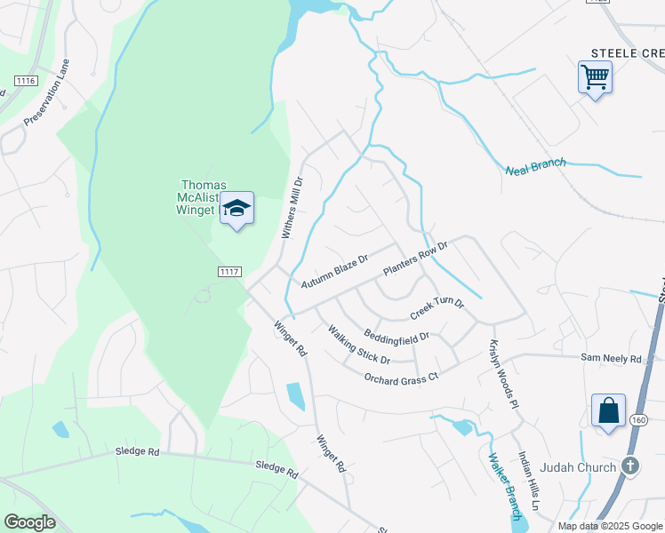 map of restaurants, bars, coffee shops, grocery stores, and more near 606 English Oak Lane in Charlotte