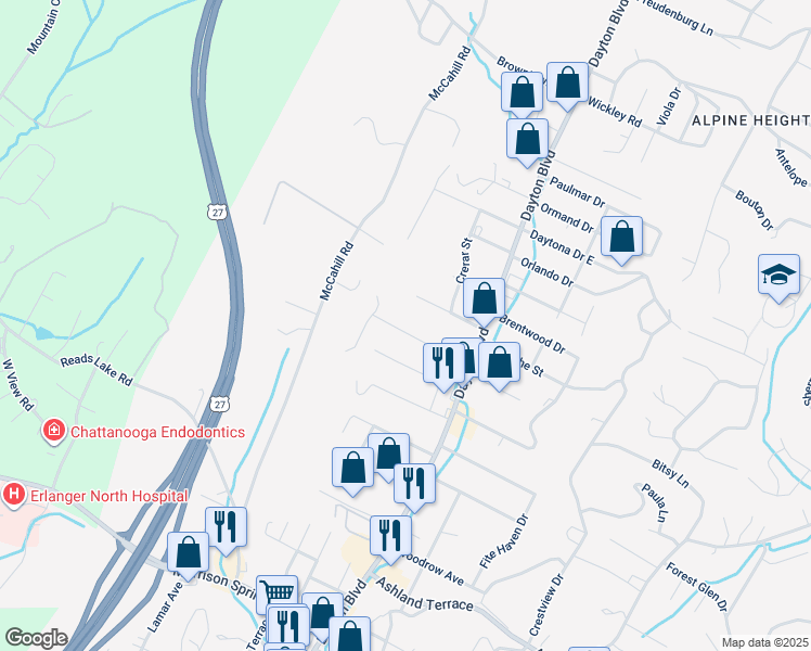 map of restaurants, bars, coffee shops, grocery stores, and more near 22 Johnson Boulevard in Chattanooga