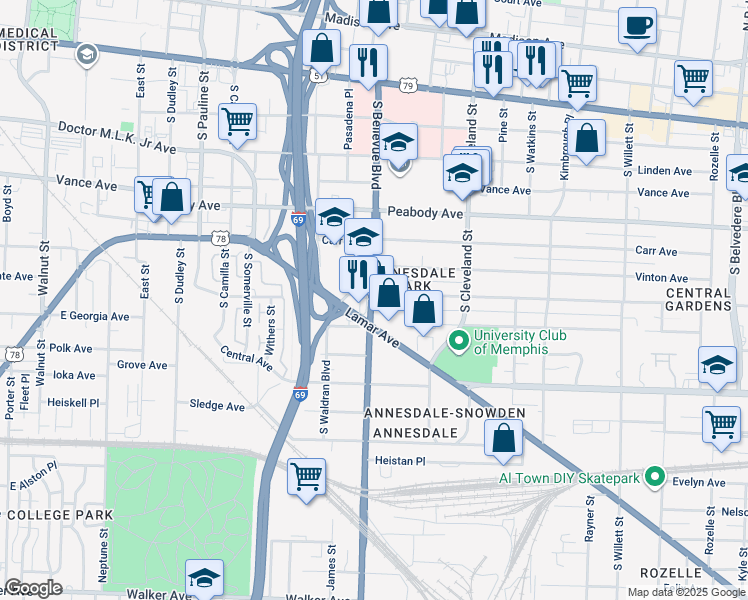 map of restaurants, bars, coffee shops, grocery stores, and more near 1228 Harbert Avenue in Memphis