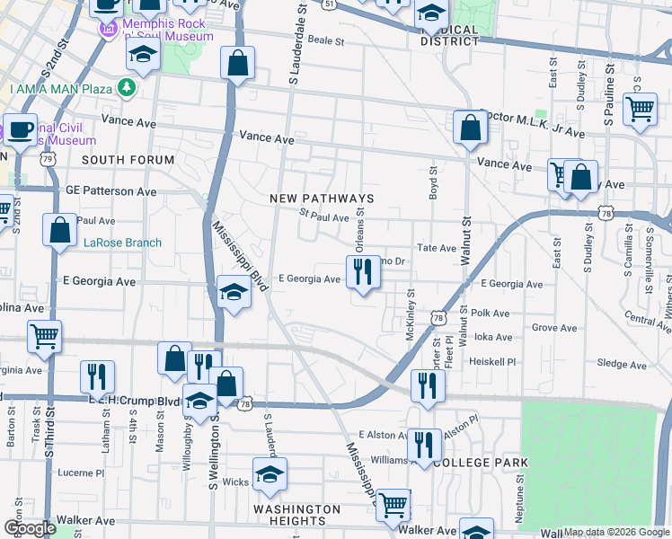 map of restaurants, bars, coffee shops, grocery stores, and more near 501 Cleaborn Street in Memphis