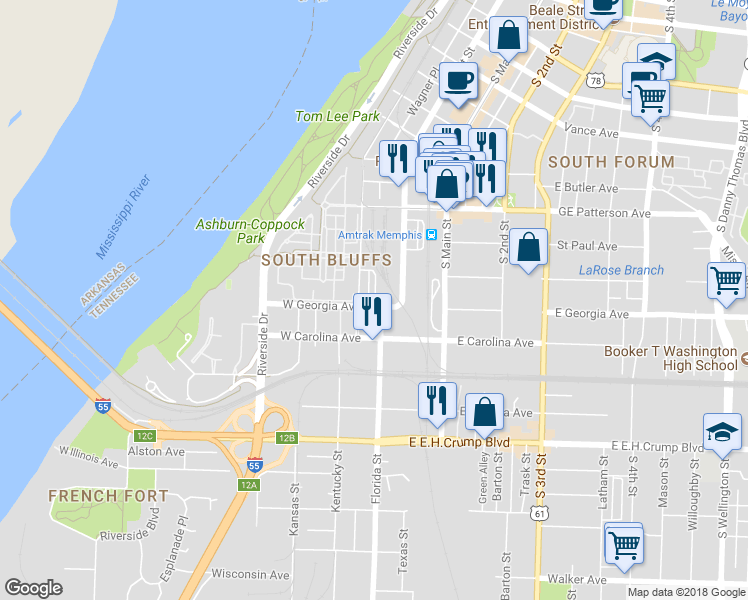 map of restaurants, bars, coffee shops, grocery stores, and more near 629 South Front Street in Memphis