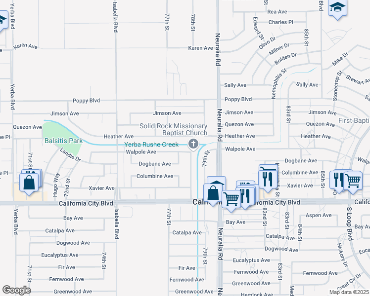 map of restaurants, bars, coffee shops, grocery stores, and more near 7819 Walpole Avenue in California City