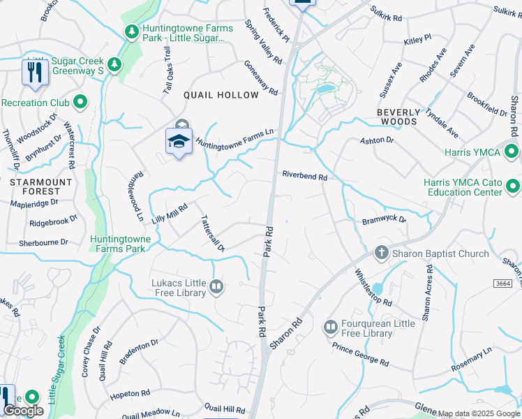 map of restaurants, bars, coffee shops, grocery stores, and more near 7600 Park Road in Charlotte