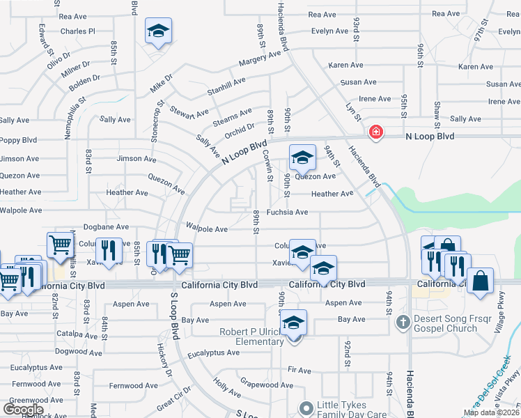 map of restaurants, bars, coffee shops, grocery stores, and more near 21230 89th Street in California City