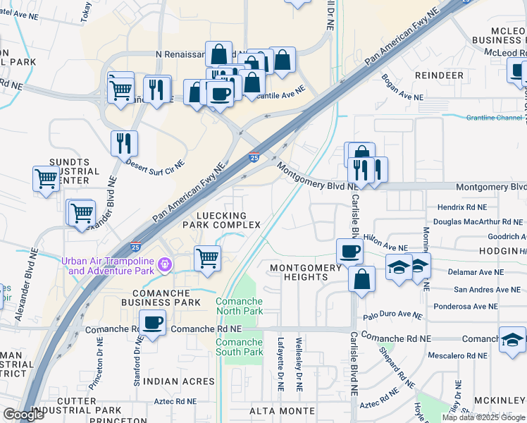 map of restaurants, bars, coffee shops, grocery stores, and more near 4201 Bryn Mawr Drive Northeast in Albuquerque