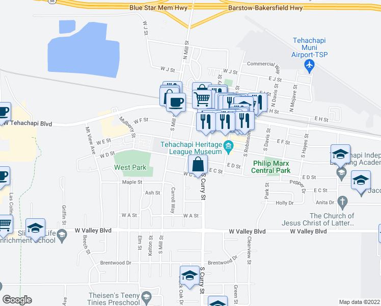 map of restaurants, bars, coffee shops, grocery stores, and more near 227 West D Street in Tehachapi