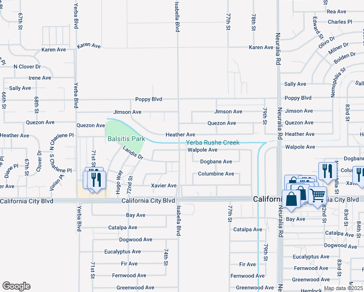 map of restaurants, bars, coffee shops, grocery stores, and more near 7501 Walpole Avenue in California City