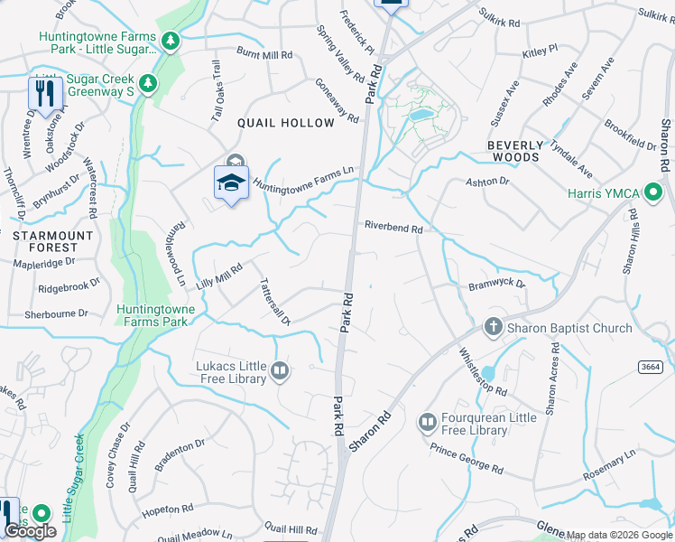map of restaurants, bars, coffee shops, grocery stores, and more near 7600 Park Road in Charlotte