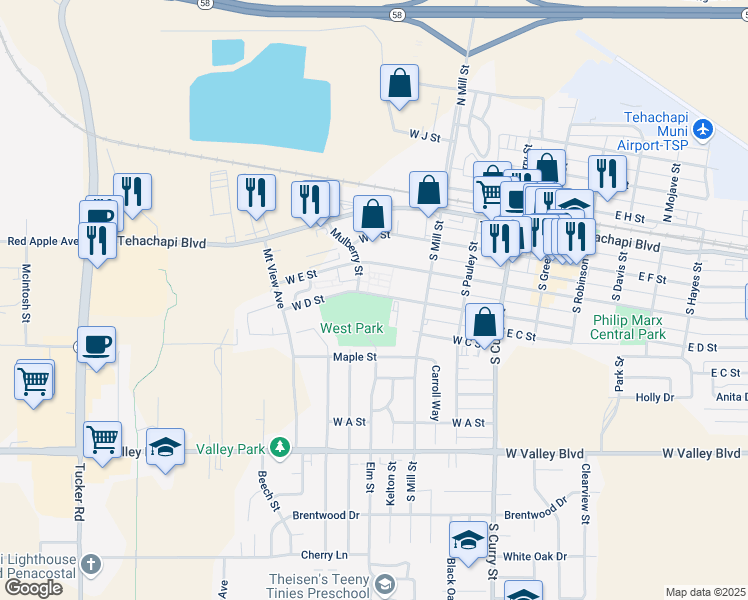 map of restaurants, bars, coffee shops, grocery stores, and more near 490 West D Street in Tehachapi