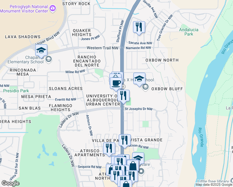 map of restaurants, bars, coffee shops, grocery stores, and more near 4101 Coors Boulevard Northwest in Albuquerque