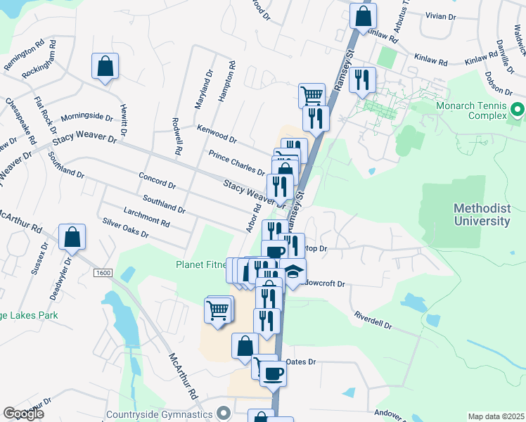 map of restaurants, bars, coffee shops, grocery stores, and more near 4918 Arbor Road in Fayetteville