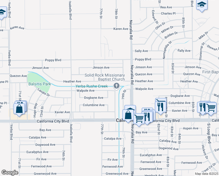 map of restaurants, bars, coffee shops, grocery stores, and more near 7809 Walpole Avenue in California City