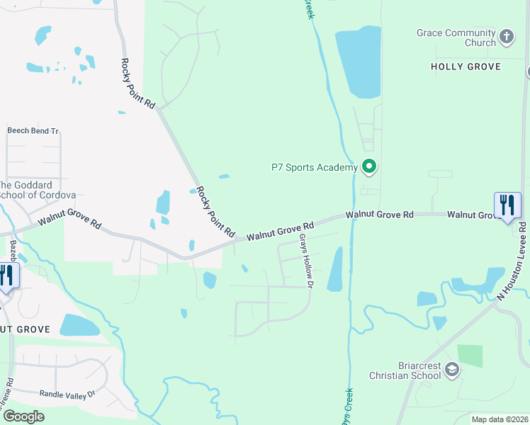 map of restaurants, bars, coffee shops, grocery stores, and more near 9582-9640 Walnut Grove Road in Shelby County